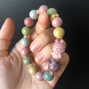 Alashan Agate Bunny Rabbit with Carrot carved Charm Bead Bracelet | Colourful Macaroon | Crystal Bracelet | DIY Beads | Easter Bunny