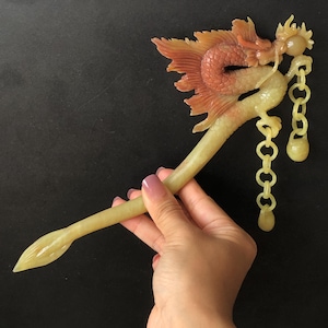 Certified Natural Xiu Jade Serpentine Hand Carved Soaring Golden Fire Dragon Hair Pin with Dangle | Asian Vintage Gold Red Jade Hair Stick