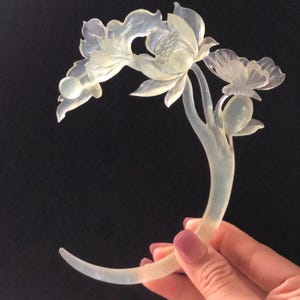 Xiu Jade Serpentine Hand Carved Lotus & Butterfly Hair Pin | Certified Ice Green Crescent Moon Jade Hair Stick | Chinese Hanfu Hair Fork