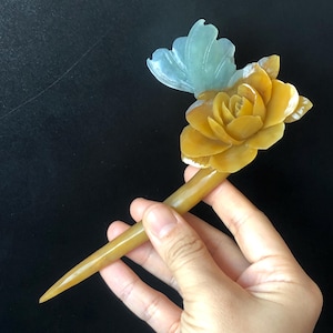 Certified Natural Xiu Jade Serpentine Hand Carved Blue Butterfly & Brown Camellia Flower Hair Pin | Jade Hair Stick | Asian Vintage Style