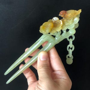 Certified Xiu Jade Serpentine Hand Carved Bird and Flowers Dangle Hair Pin | Green, Yellow, Red Jade Hair Stick | Asian Chinese Vintage Gift