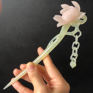 Natural Xiu Jade Serpentine Hand Carved Pink Lotus Flower Hair Pin | Pink & Green Jade Hair Stick | Asian Chinses Vintage Style Gift for her