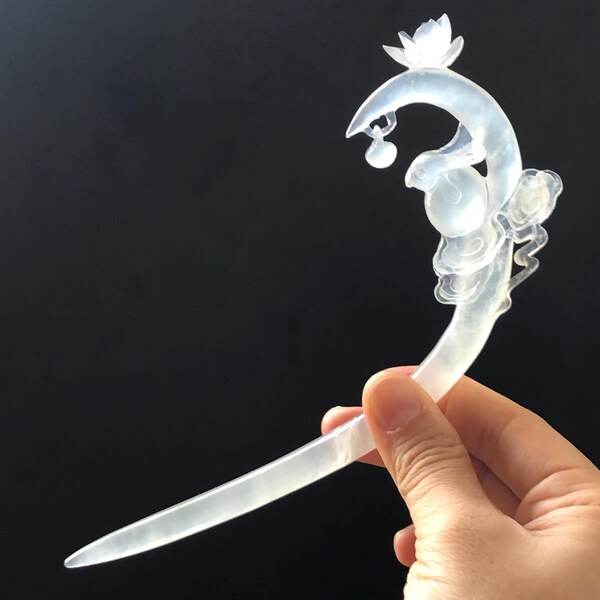 Certified Natural Xiu Jade Serpentine Hand Carved Hair Pin | Moon Rabbit with Lotus | Icy White Jade Hair Stick | Asian Chinese Vintage Gift