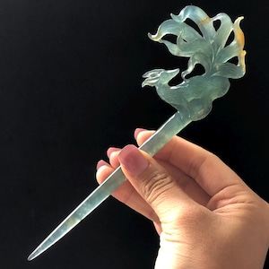 Certificate Natural Xiu Jade Serpentine Hand Carved Nine tailed fox Hair Pin | Icy Greenish Blue Yellow Jade Hair Stick | Asian Chinese Jade