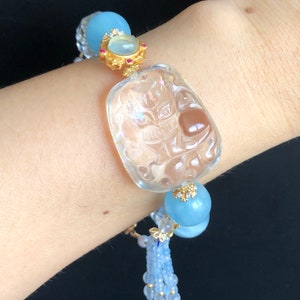 Clear Quartz with Rainbow Hand Carved Nine-tailed Fox Pendant Charm with Aquamarine & Rose Quartz Crystal Bead Bracelet Removable Tassel zdjęcie 4