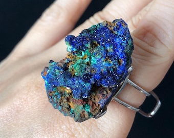 Raw Azurite Malachite Big Stone Ring, Raw Minerals Chunky Stone Ring, Sparkling Blue Green Irregular Crystal Adjustable Statement Band Ring