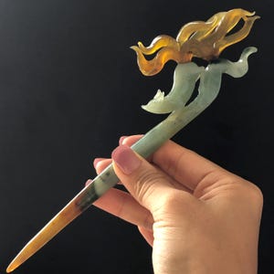 Certified Natural Xiu Jade Serpentine Hand Carved Bi-color Nine Tailed Fox Hair Pin | Greenish Blue & Caramel Brown Jade Vintage Hair Stick