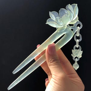 Certificate Natural Xiu Jade Serpentine Hand Carved Lotus Flower Hair Pin Dangle | Ice Green Jade Hair Stick | Asian Vintage Gift for her