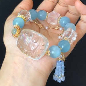 Clear Quartz with Rainbow Hand Carved Nine-tailed Fox Pendant Charm with Aquamarine & Rose Quartz Crystal Bead Bracelet Removable Tassel zdjęcie 2