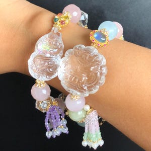 Rainbow Carved Nine-tailed Fox Charm Crystal Bracelets | Rose Quartz, Clear Quartz | Removable Tassel | Wisdom & Love | Personalised Gift