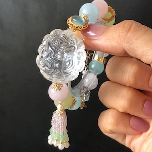 Rainbow Clear Quartz Carved Nine-tailed Fox Pendant Charm with Morganite Crystal Bead Elastic Stretch Bracelet | Wisdom & Enlightenment