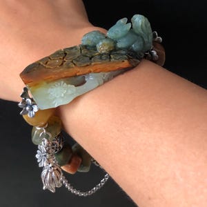 Natural Xiu Jade Serpentine Hand Carved Squirrel Charm Irregular Bead Bracelet | Green Blue Brown White Jade | Vintage Tibetan Silver Gift