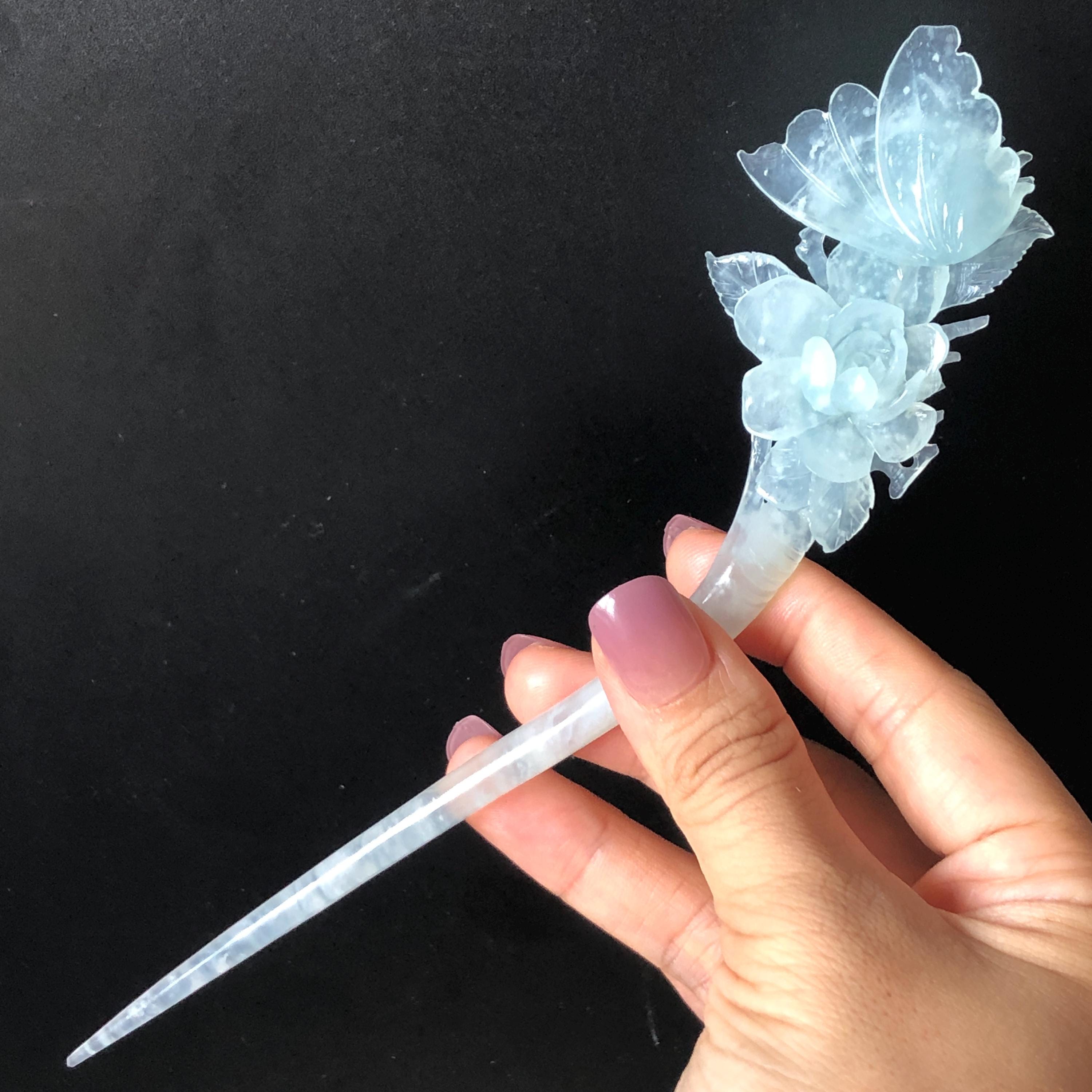 Certified Xiu Jade Serpentine Carved Butterfly & Flower Hair Pin