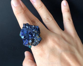 Raw Azurite Malachite Ring, Sparky Raw Stone Ring, Shiny Raw Crystal Ring, Big Statement Ring, Rough Irregular Chunky Gemstone Rock Ring