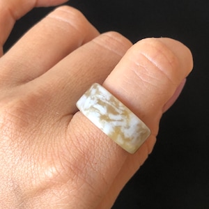 Natural Nephrite Jade Band Ring | US 6.5 | White Jade & Brown Jade Pinky Ring | Milk Coffee Latte | Women Statement Ring Stackable Ring Gift