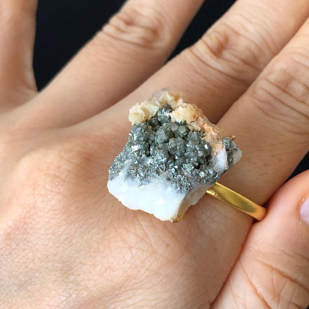 Raw Pyrite Ring With Calcite & Dolomite, Raw Stone Ring, Raw Crystal ...