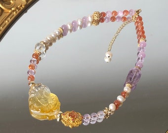 Rainbow Carved Yellow Hematoid Nine-tailed Fox 2 way Necklace Choker and Bracelet |  Sunstone, Amethyst, Kunzite, Clear Quartz, Pearl