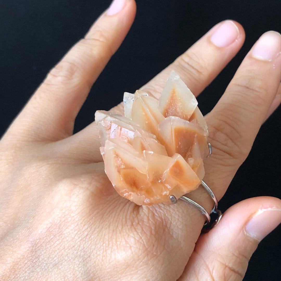 Natural Raw Calcite Ring, Coral Hedgehog, Raw Stone Ring Big Crystal ...