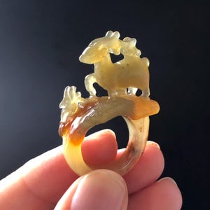 Natural Xiu Jade Serpentine Hand-Carved Deer Ring Pendant | 15.6mm (US 4.75) | Icy Green Yellow & Brown | Gemstone Statement Ring Gift