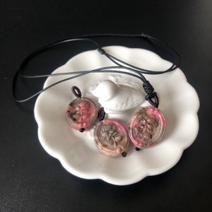 Natural Rhodonite Stone Carved Rose Pendant Charm | adjustable necklace  | Pink Porcelain Blue Brownish Purple with Black Ink| Vintage Retro