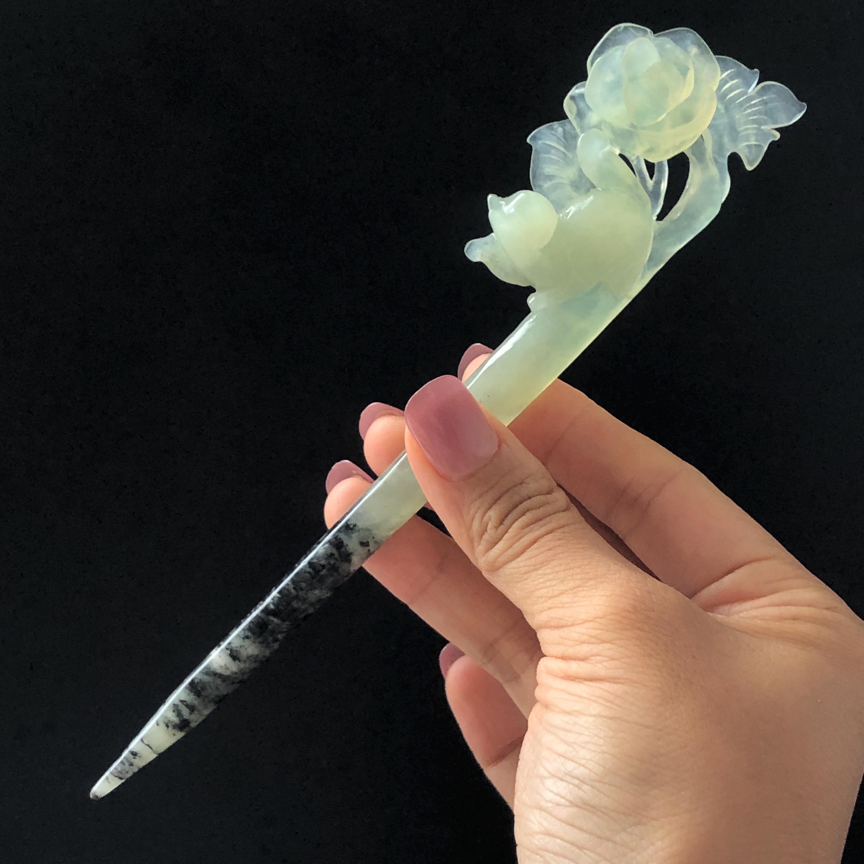 Grade A Carved Jade Stone Rose Hairpin Xiu Jade Serpentine Hand Carved Pink Peony Flower Hair Pin  main image 2