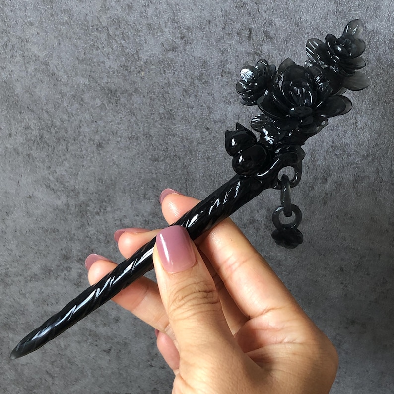 Certified Xiu Jade Serpentine Hand-Carved Cat & Camellia Flower Hair Pin with Dangle | Black Jade Hair Stick | Vintage Kitten Hair Fork Gift black jade carving hand engraved cat hairpins hand carved hair stick cat carving kitten carving black cat hair fork flower carving natural untreated jade with certificate japanese hair stick korean hair fork chinese hair pins hanfu hairpins vintage hair comb cat lover gift gothic hairpins jade hair accessory carved hair jewelry