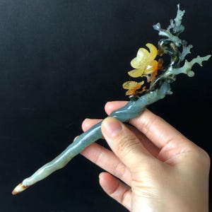 Certificate Xiu Jade Serpentine Hand Carved Plum Blossom Flower Hairpin | Caramel Green Jade Hair Stick | Asian Chinese Vintage Gift for her