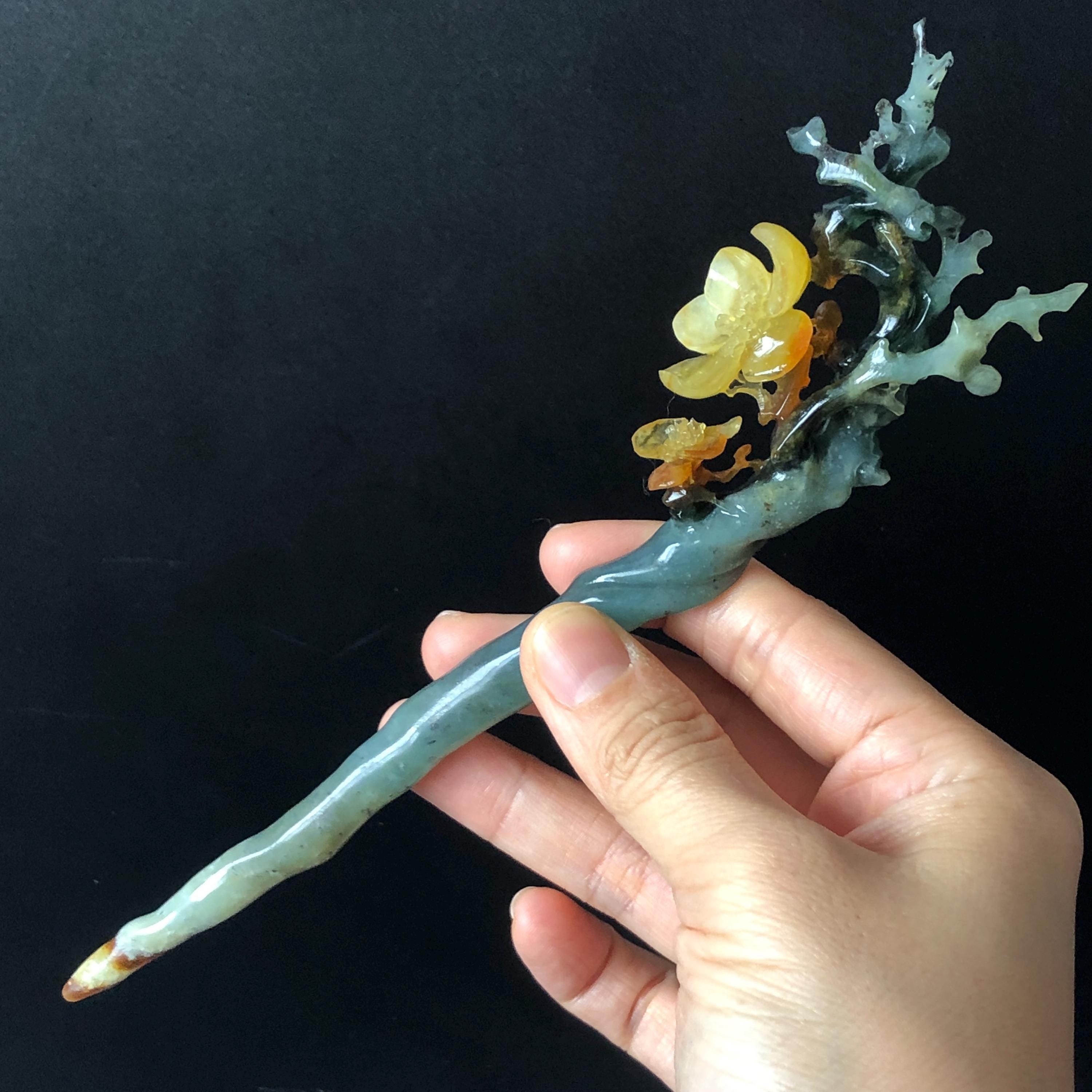 Green Icy Plum Blossom Carved Hairpin - Serpentine Jade Hair Stick Amazon.com : Cayyoomm Plum Blossom with Jade S925 Silver  main image 2