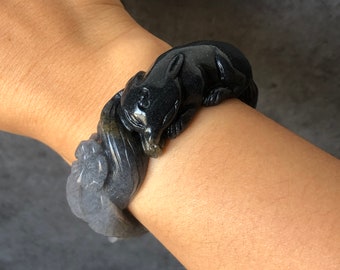 48-70mm Custom Size Natural SheTaiCui Jade (Quartzite) Hand Carved Nine-tailed Fox Peony Stone Crystal Bangle | Black Sparkling