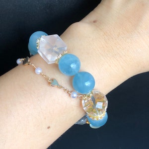 Clear Quartz with Rainbow Hand Carved Nine-tailed Fox Pendant Charm with Aquamarine & Rose Quartz Crystal Bead Bracelet Removable Tassel zdjęcie 6