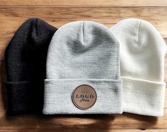 Custom Logo Beanie, Bulk Custom leather Patch Hat, Bulk hats, Leather patch hat, logo hats, business merch, Gift for Him, Coworker Gift
