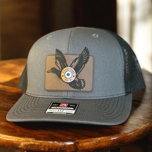 Hunting Custom Leather Patch Hat, Flex Fit Hat, Pheasant hat, Hats for Work, Duck Hunting Hat, Richardson 112, Gift for Him, Hunting Hat