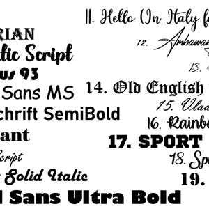Puede incluir: Imagen en blanco y negro que muestra una variedad de estilos de fuente. Las fuentes est&aacute;n numeradas y etiquetadas, incluyendo Arial, Algerian, Bauhaus 93, Comic Sans MS, Elephant y Gill Sans Ultra Bold. Otras fuentes incluyen estilos de script y negrita.