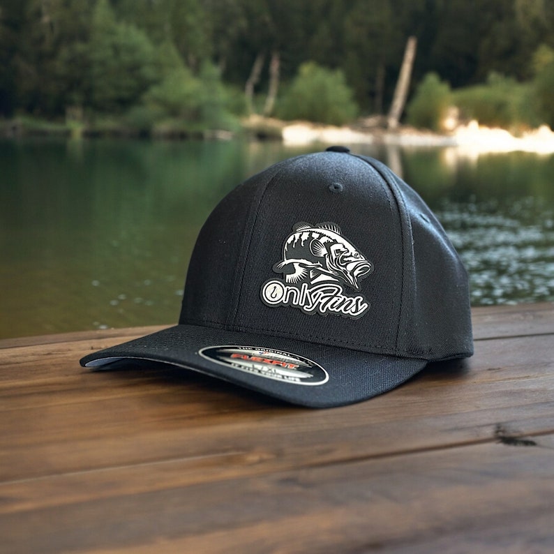 Only Fins Fishing Leather Patch Hat, Flex Fit Hat, Hunting Hats, Hats for Work, Bass Hat, Richardson 112 Personalized, Gift for Him Black FlexFit L/XL