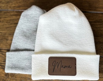 Leather patch beanie, custom beanie, beanie leather patch, custom beanie hat, engraved, leather beanie tag, knit beanie, custom knit beanie
