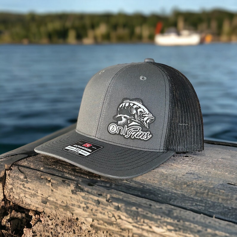 Only Fins Fishing Leather Patch Hat, Flex Fit Hat, Hunting Hats, Hats for Work, Bass Hat, Richardson 112 Personalized, Gift for Him Charcoal Gray/Black