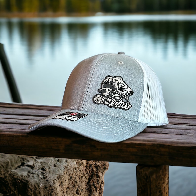 Only Fins Fishing Leather Patch Hat, Flex Fit Hat, Hunting Hats, Hats for Work, Bass Hat, Richardson 112 Personalized, Gift for Him Heather Gray/White