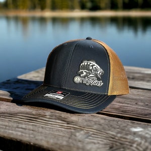 Only Fins Fishing Leather Patch Hat, Flex Fit Hat, Hunting Hats, Hats for Work, Bass Hat, Richardson 112 Personalized, Gift for Him Navy/Caramel