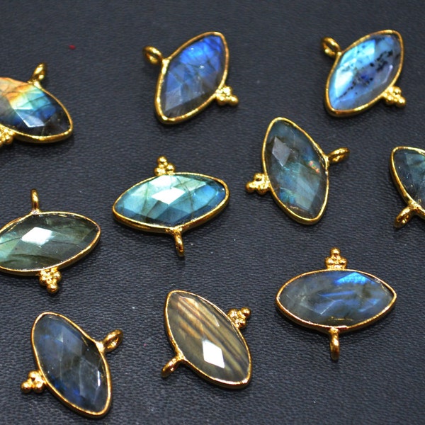 Flashy Labradorite Faceted Marquise Shape Single Bail Connector With 1 Gm Gold Plating , Vendu par pièce , Composant prêt , 17x8 mm , RB-6793