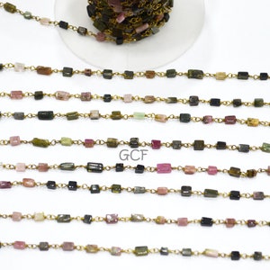Multi Tourmaline Uneven Square Shape Rosary Beaded Chain , Multi Tourmaline Smooth Wire Wrapped Chain , 3.50 - 5 mm , RB-5626
