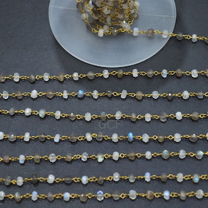 Rainbow Moonstone Faceted Rosary Beaded Chain , Labradorite Rondelle Shape Wire Wrapped Chain , 4.50 mm , RB-5771