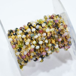 Multi Tourmaline Faceted Rondelle Shape Rosary Beaded Chain , Multi Tourmaline Rondelle Wire Wrapped Chain ,   3.50 mm , 6716