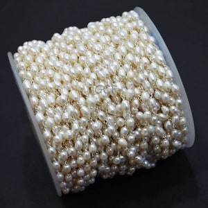 Pearl Smooth Capsule Shape Rosary Beaded Chain , Pearl Capsule Shape Wire Wrapped Chain ,  4 - 6 mm , RB-5841
