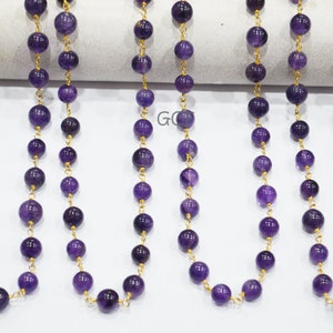 Amethyst Smooth Round Shape Rosary Beaded Chain , Amethyst Round Shape Wire Wrapped Chain , 8 - 8.50 mm , RB-5261