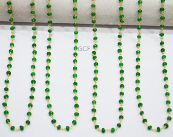 Green Chalcedony Jade Faceted Rondelle Shape Rosary Beaded Chain , Green Chalcedony Jade Wire Wrapped Chain , 4 mm , RB-5118