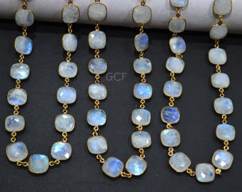 Rainbow Moonstone Cushion Shape Connector Chain , Rainbow Moonstone Faceted Cushion Shape Bezel Link Chain , 13 - 13.50 mm , RB-5774