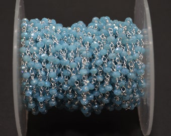 Mystic AB Coated Aqua Hydro Glass Faceted Rondelle Rosary Beaded Chain , Aqua Quartz Wire Wrapped Chain ,  3 - 3.50 mm , 6871