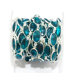 Teal Green Hydro Quartz Faceted Oval Shape Connector Chain , Teal Green Hydro Glass Oval Shape Bezel Link Chain , 9x13 mm , RB-5705
