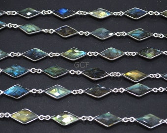 Labradorite Faceted Diamond Shape Connector Chain , Labradorite Diamond Shape Bezel Link Chain ,  11x19 mm , RB-6460A