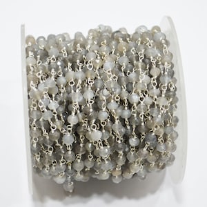 Gray Moonstone Faceted Rondelle Shape Rosary Beaded Chain , Gray Moonstone Rondelle Shape Wire Wrapped Chain ,  4 - 4.50 mm , RB-5747